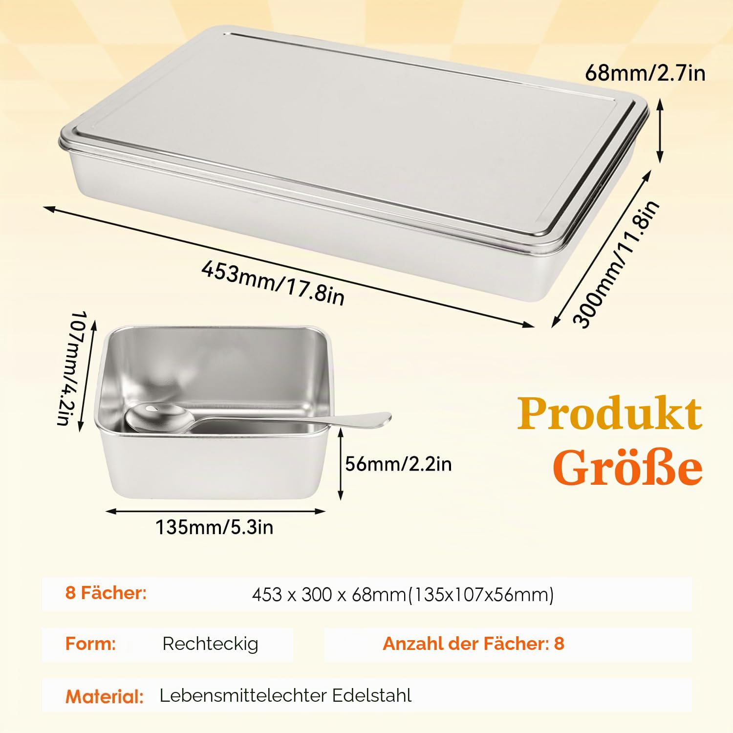 Zutatenbehälter Pizza Edelstahl 453x300x68 mm 8 Gitter Gewürzbox Beilagenbehälter Gewürz Behälter Lebensmittelbehälter Küchenutensilien mit Deckel (8 Gitter)
