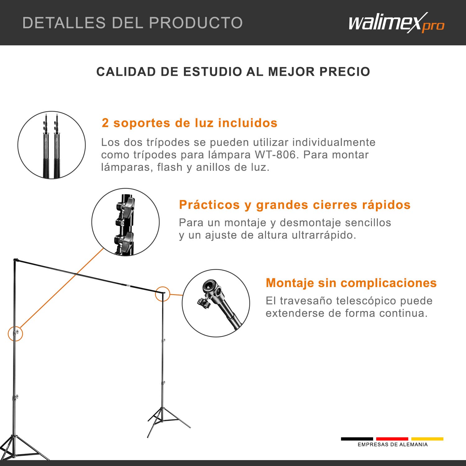 Walimex pro telescopio sistema de fondo L 120-307 cm - sistema de fondo fotográfico estable para estudio y móvil, para fotografía, vídeo y pantalla verde, altura 102-256 cm