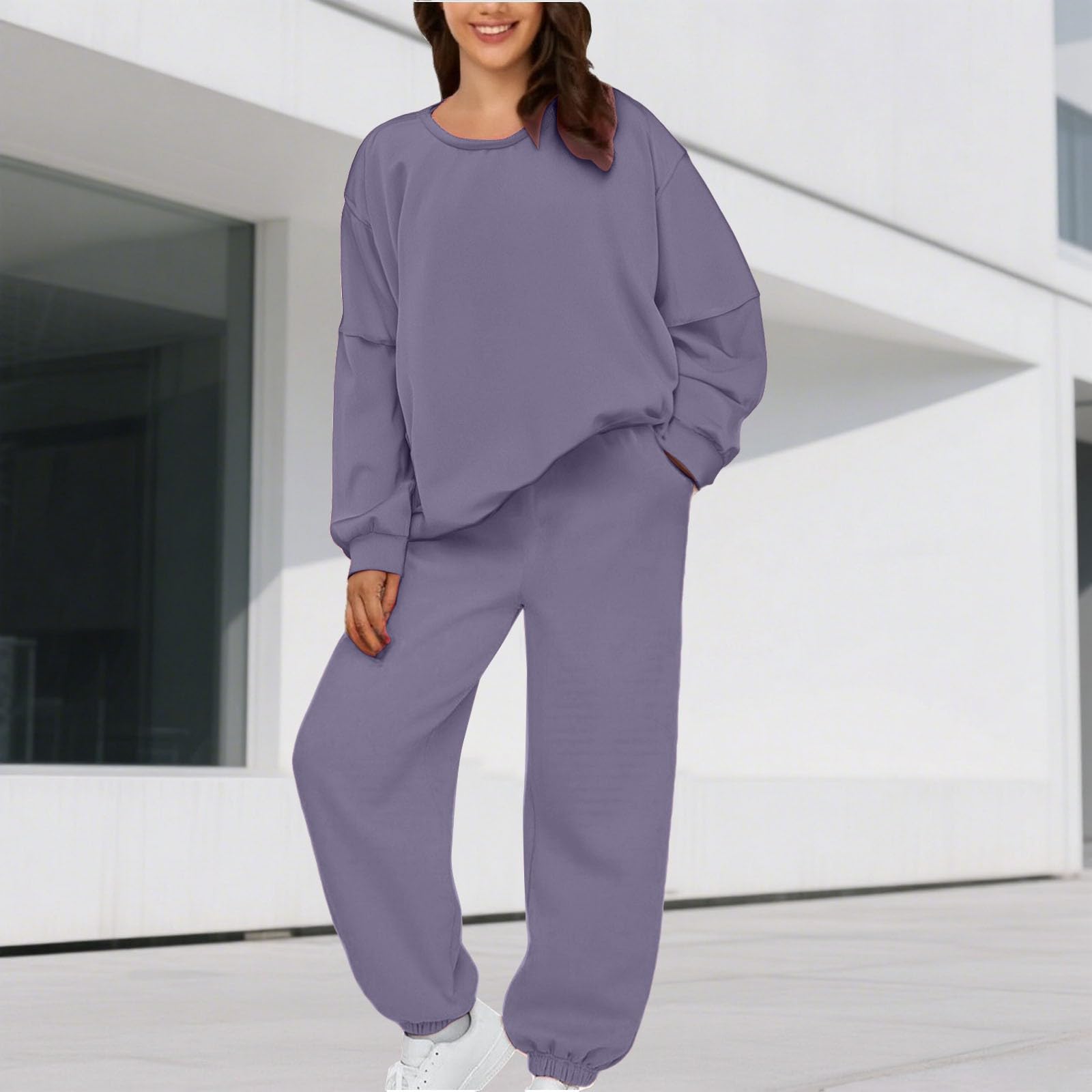 hausanzug damen,damen hausanzug 2-teilig winter, lässiges, einfarbiges, rundhalsausschnittlanges Oberteil mit vielseitigen Hosen und zweiteiligem sets Kleidung Elegant*