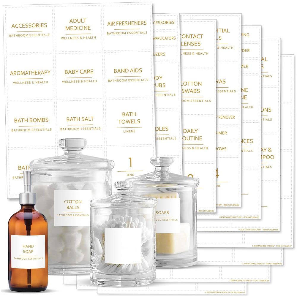 Talented Kitchen 174 Gold Minimalist Bathroom Labels Set with Makeup Labels, Gold Print on White Matte Backing, Water Resistant. 174 Bathroom, Beauty & Makeup Vinyl Stickers. Organization Storage