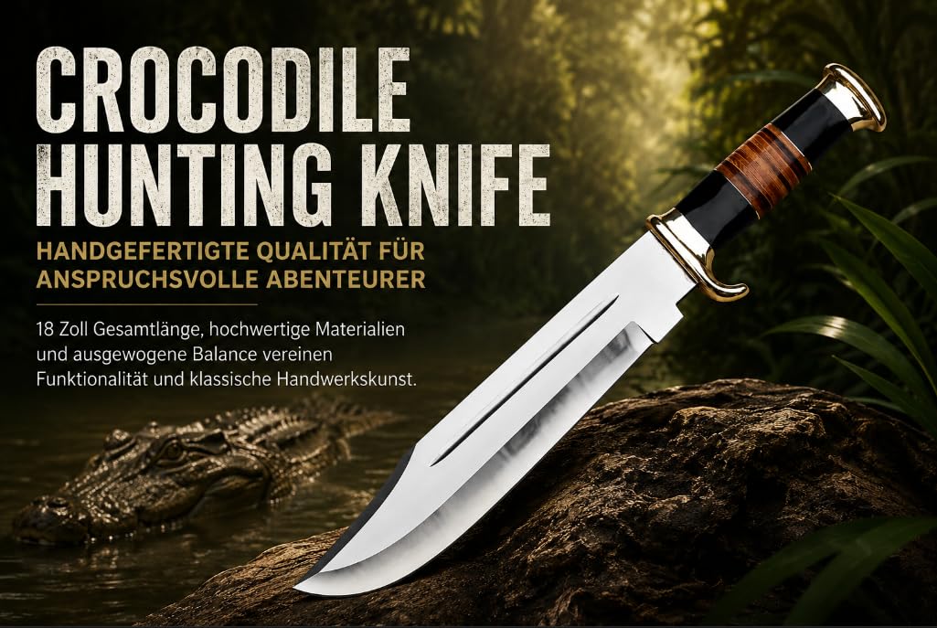 Novahaven Handmade Large Crocodile Hunting & Camping Bowie Knife with Leather Sheath Big Survival Fixed Blade Knife with Leather and Black Micarta Handle for Outdoor Camping Knives For Men