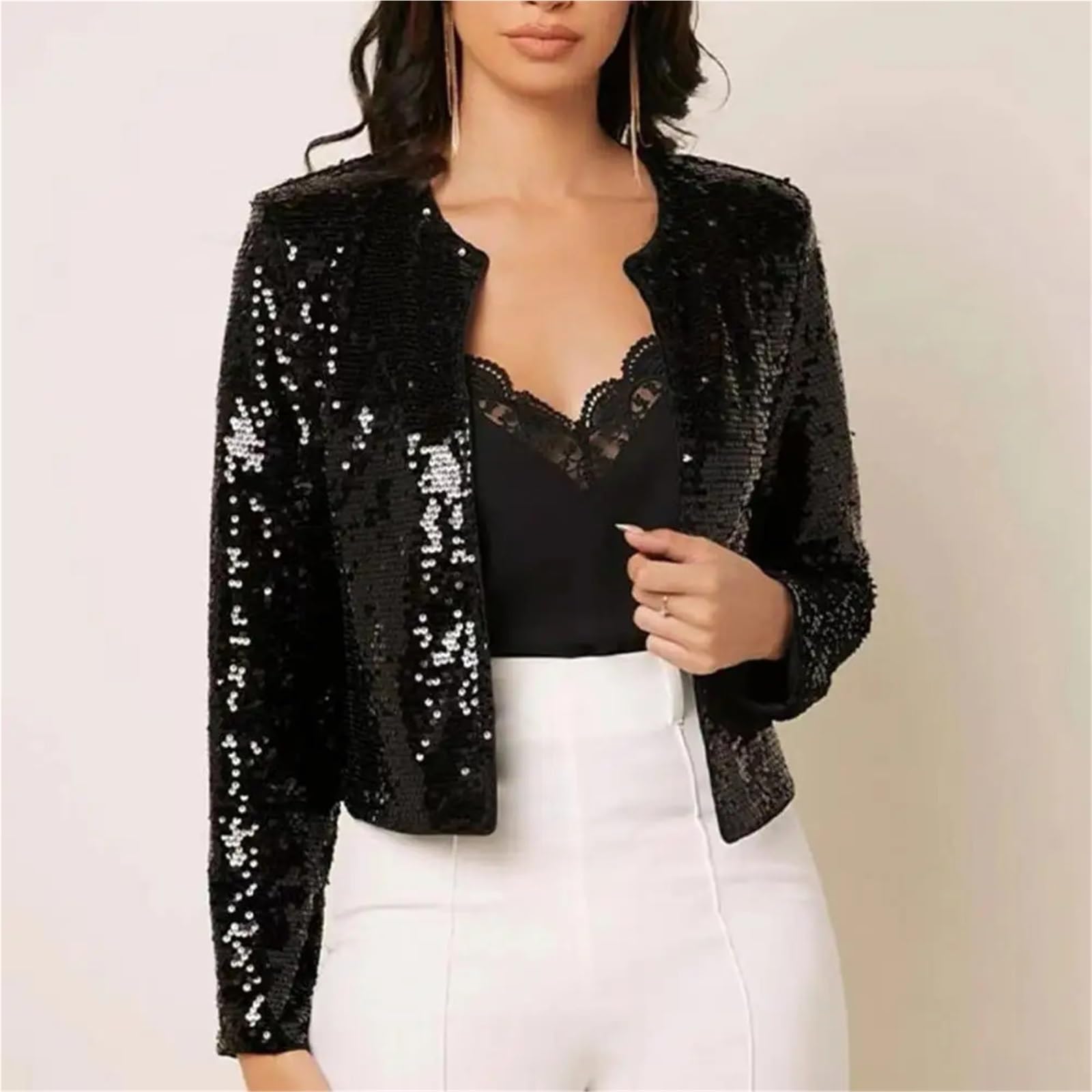 Paillettenjacke Damen Glänzende Stehkragen Kurzmantel Herbst Lady Sparkly Glitter Kurzblazer