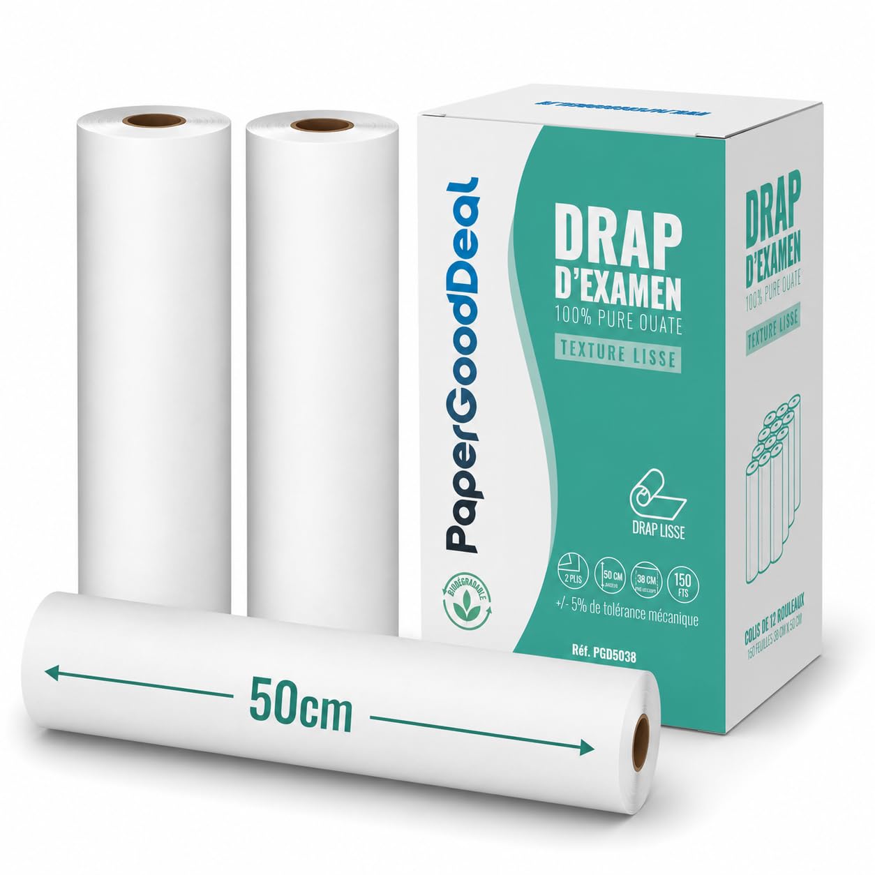 Rodillos de sábanas de examen para mesa médico-masaje-cuidado estético-ginecología-osteopático-spa 100% pura guata de celulosa 50cm 150 hojas precortadas cada 38cm cartón de 12 rollos lisos
