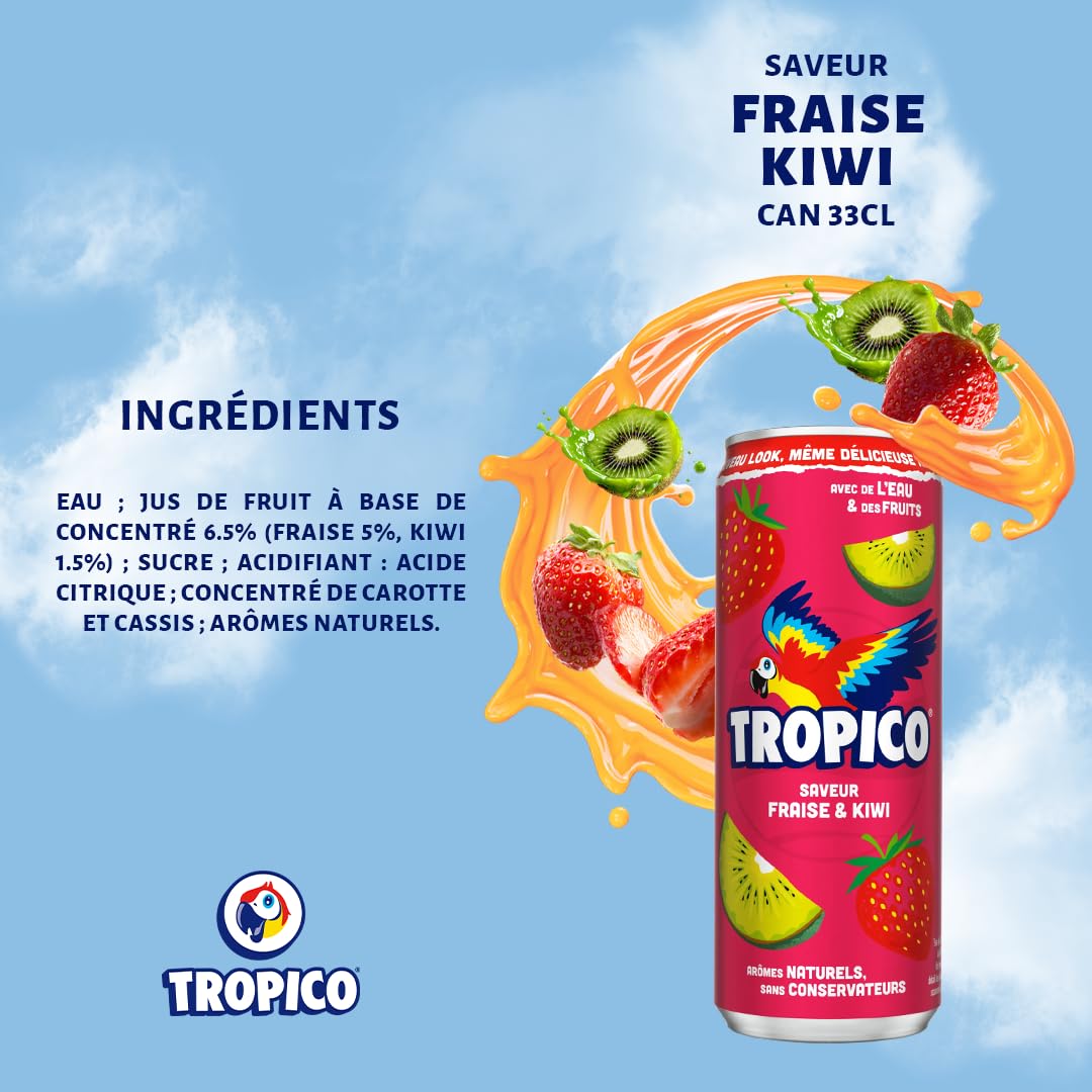 Tropico Boisson aux Fruits Saveur Fraise et Kiwi, Canette 33cl, Pack de 24