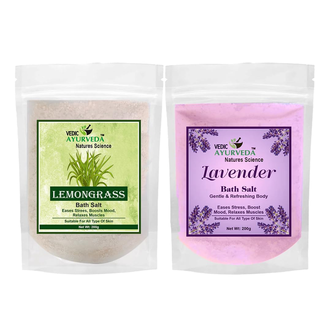 Vedic Ayurveda Lemongrass & Lavender bath Salt Combo | 2 x 200g | Herbal Spa Salt for Stress Relief, Mood Uplift & Skin Rejuvenation | For Men & Women-image-47