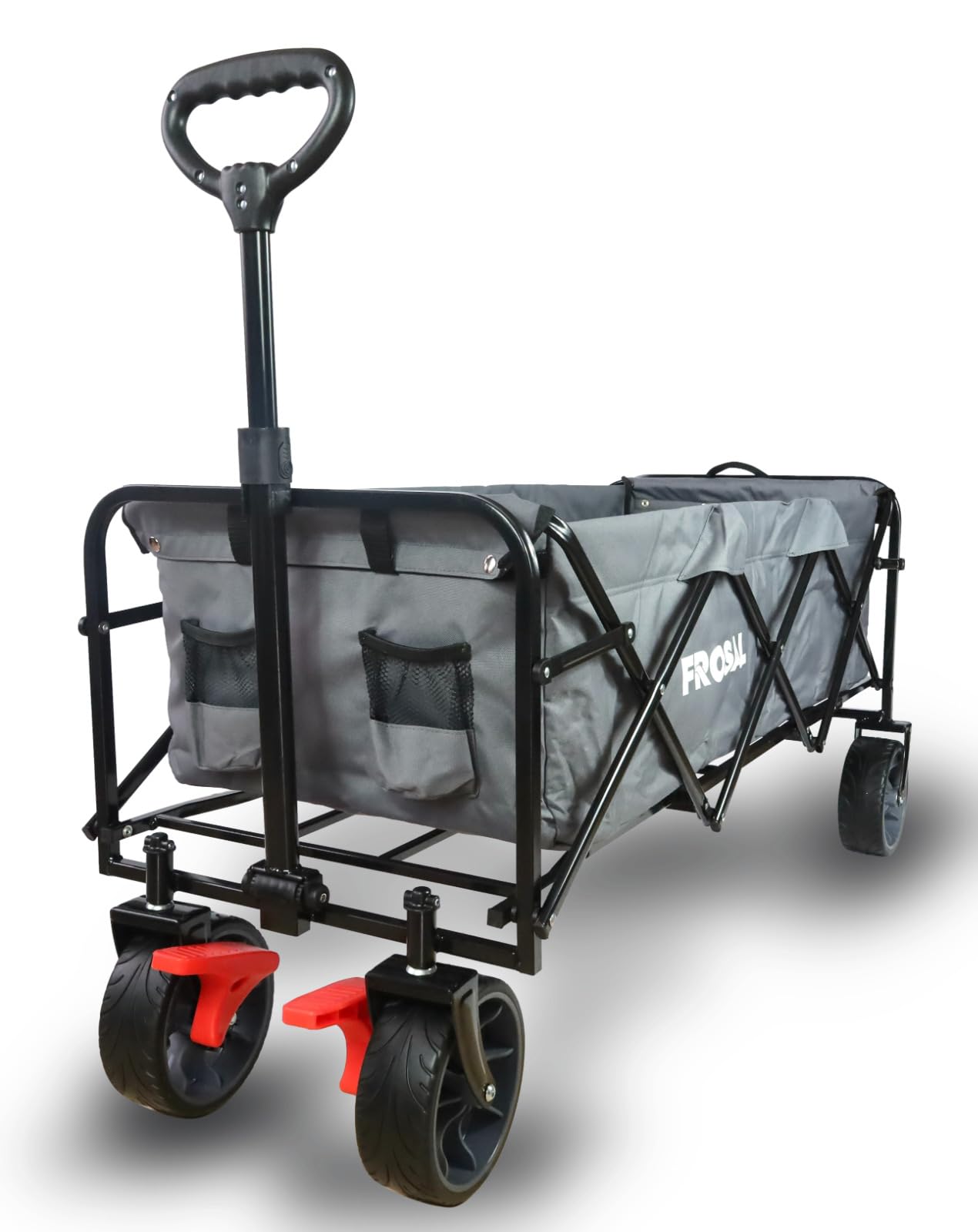 FROSAL Bollerwagen Oskar XXL faltbar extralang grau – Handwagen klappbar für Garten, Camping, Strand & Transport – 150kg belastbar, große Ladefläche, 360° Räder mit Bremse