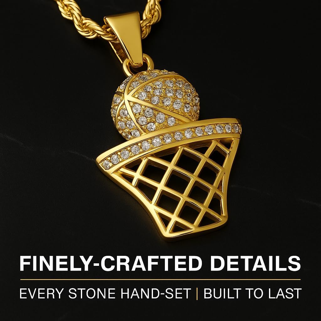 Basketball Necklace - 18K Plated Basketball Chain with Hoop for Men, Women, Teens - Gold, Silver & Black Color Options - Stainless Steel Sports Pendant with Simulated Diamond CZ Stones - Image 3