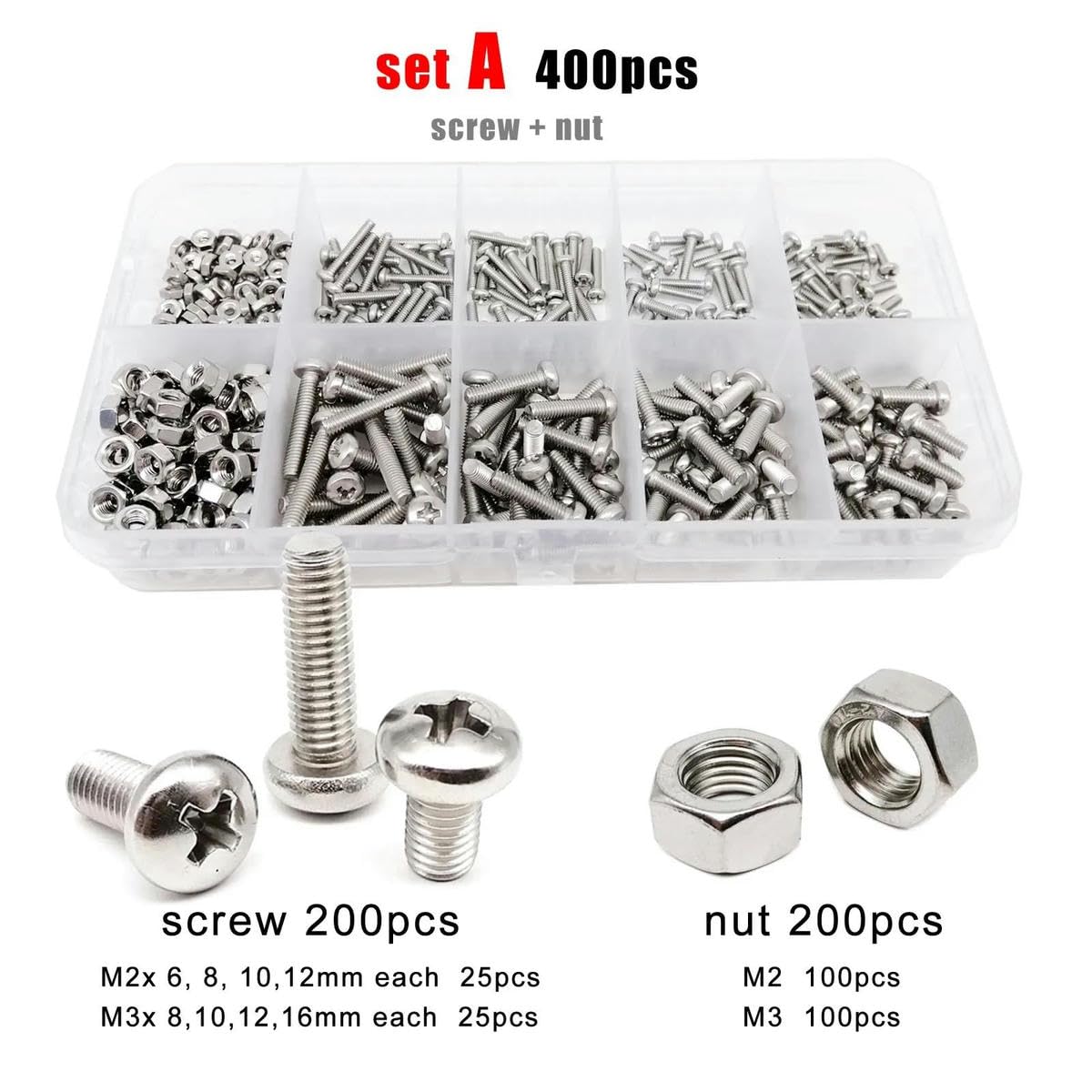 400/2100 Piezas M1.6 M2 M2.5 M3 M4 M5 304 Cabeza Redonda de Acero Inoxidable Tornillo Tuerca Surtido de Arandelas Kit Caja D 2100 Piezas