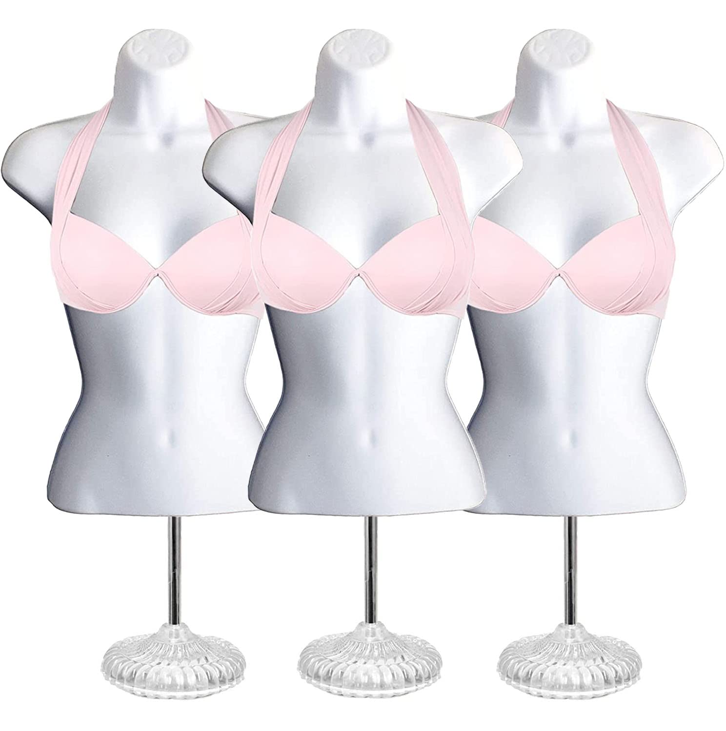 White Female Hollow Back Mannequin Torso Set w/ Acrylic Stand with Metal Pole, S-M Sizes (3)