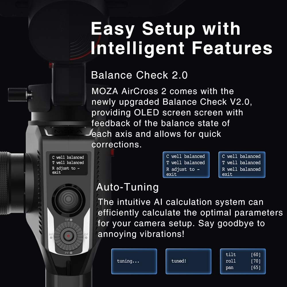 Best Cyber Deals 🔥 MOZA AirCross 2 3 Axis Handheld Gimbal for Mirrorless Camera up to 3.2kg/7lb Parameter Easy Setup Auto-Tuning 12hrs Runtime 18W Fast Charge, W Phone Holder