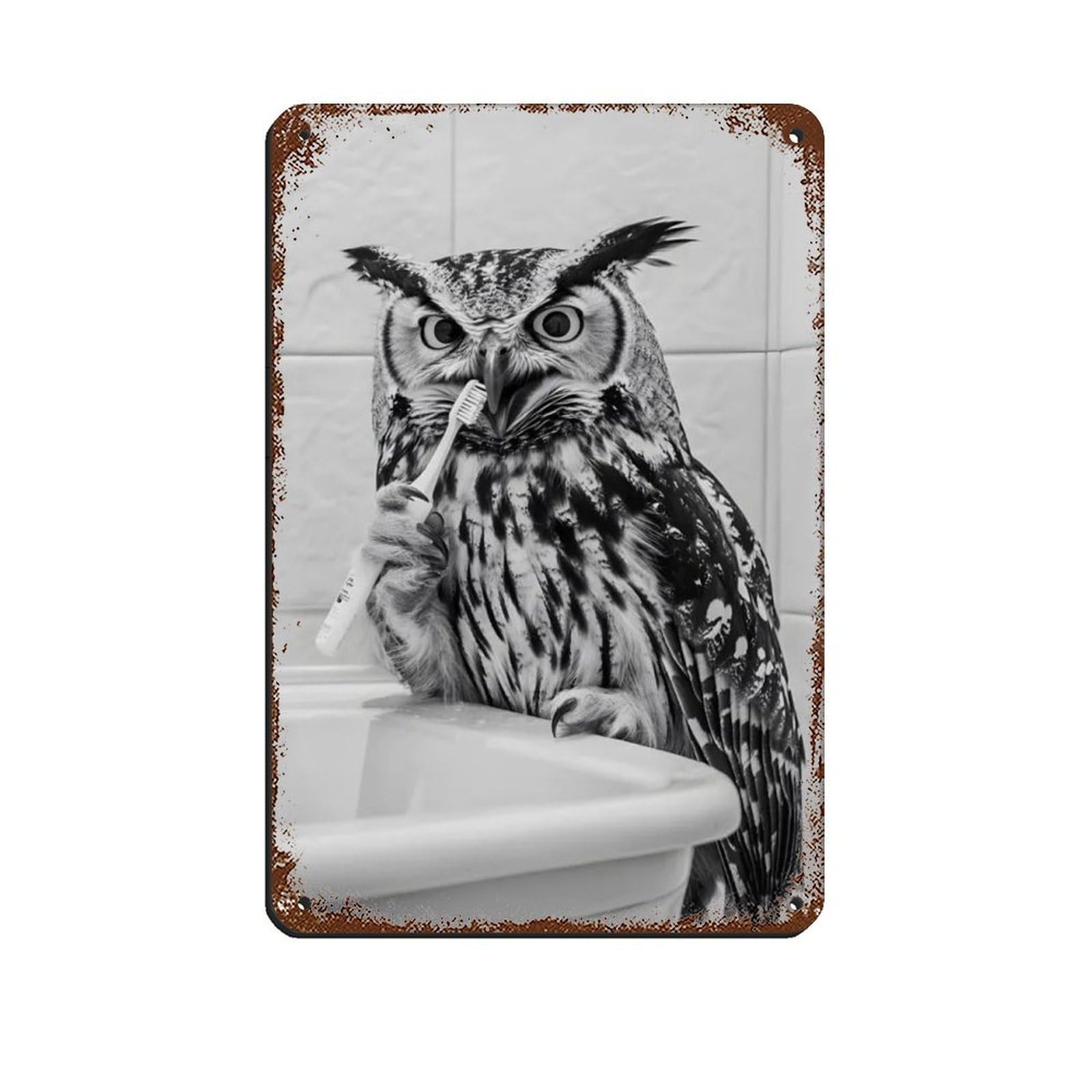 Owl Brushing Teeth, Funny Bathroom Art Tin Sign Vintage Metal Pub Club Cafe Bar Home Wall Art Decoration Poster Retro 8x12inch(20x30cm)