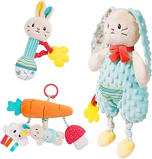 3 Plush Baby Rattle Toys, Newborn Soft Stuffed Animal Rattles Set, Infant Hand Sensory Development Toy, Hanging Toys for Stroller,Crib, Carseat, Boys Girls Birthday Shower Gift for 0 3 6 9 12 Month