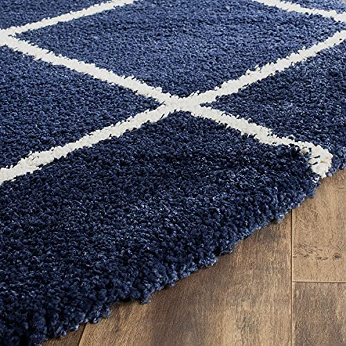 Image of Handmade Round Shaggy Fur Carpet and Rug for Bedroom, Living Room, Hall, Kids Room (6x6 Feet Round, Navy Blue & Ivory)