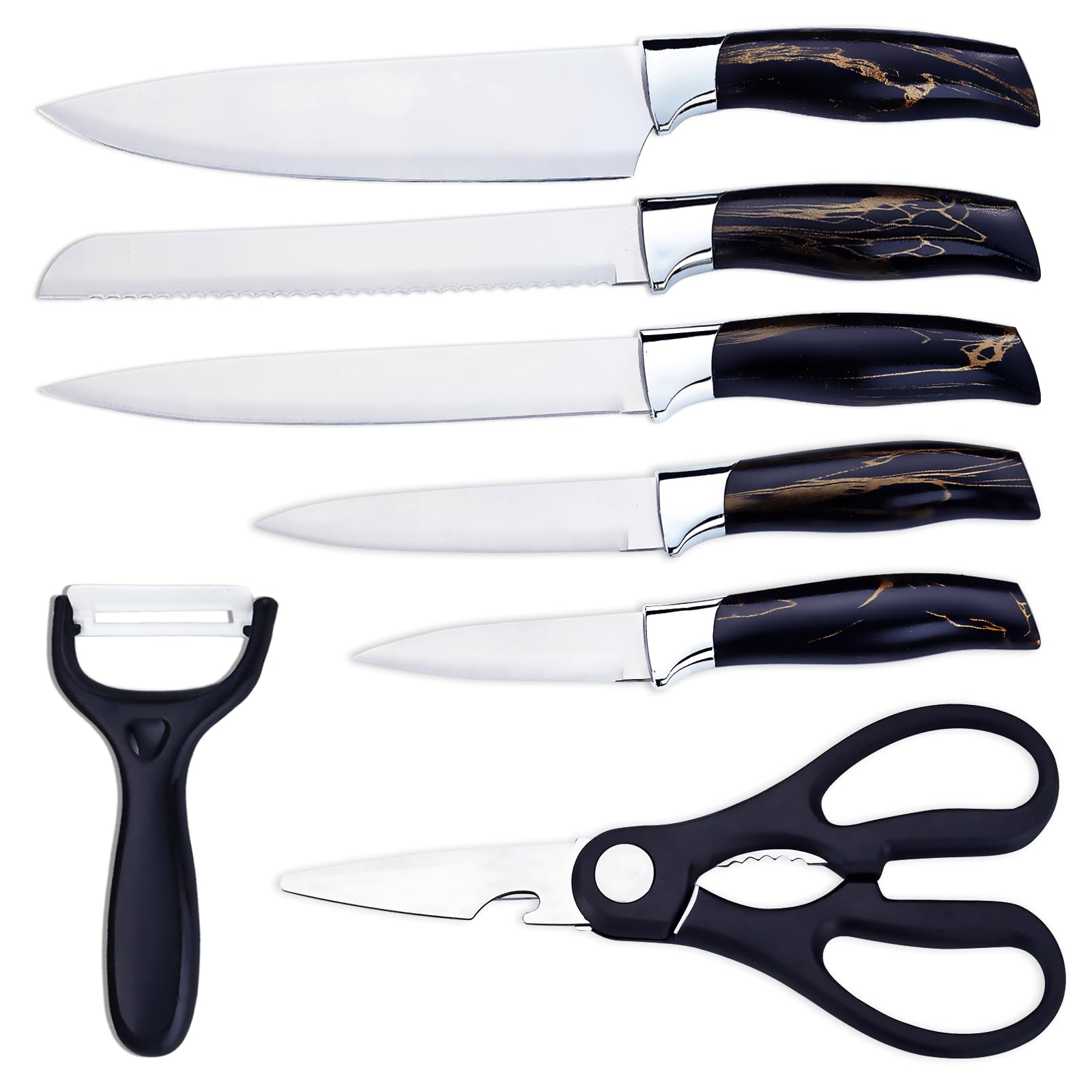 PionStar 7-Piece Professional Kitchen Set – Chef, Bread, Carving, Utility & Fruit Knives + Scissors & Peeler | Multi-Purpose Stainless Steel Kitchen Knife Design