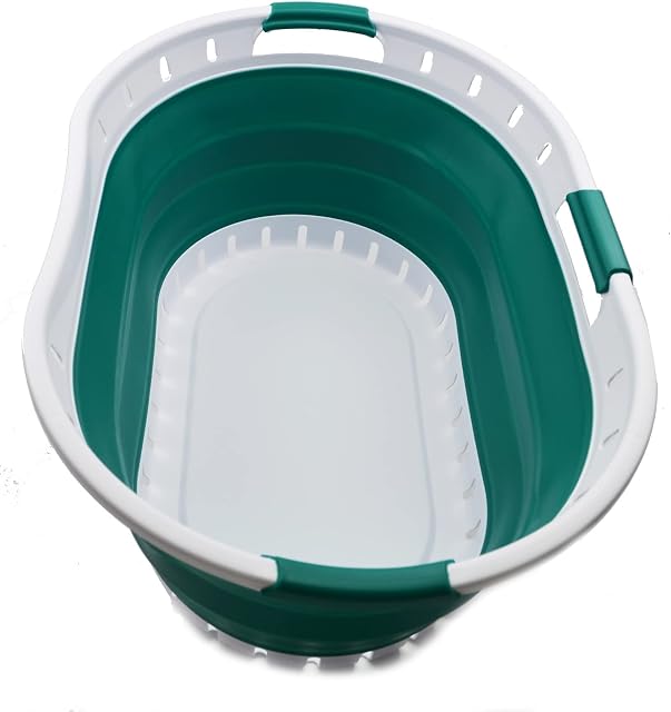 SAMMART 44L Collapsible Plastic Laundry Basket - Foldable Pop Up Storage Container / Organizer - Portable Washing Tub - Space Saving Hamper / Basket (1, White/Dark Green), Size : 64.6 x 45.2 x 27 cm