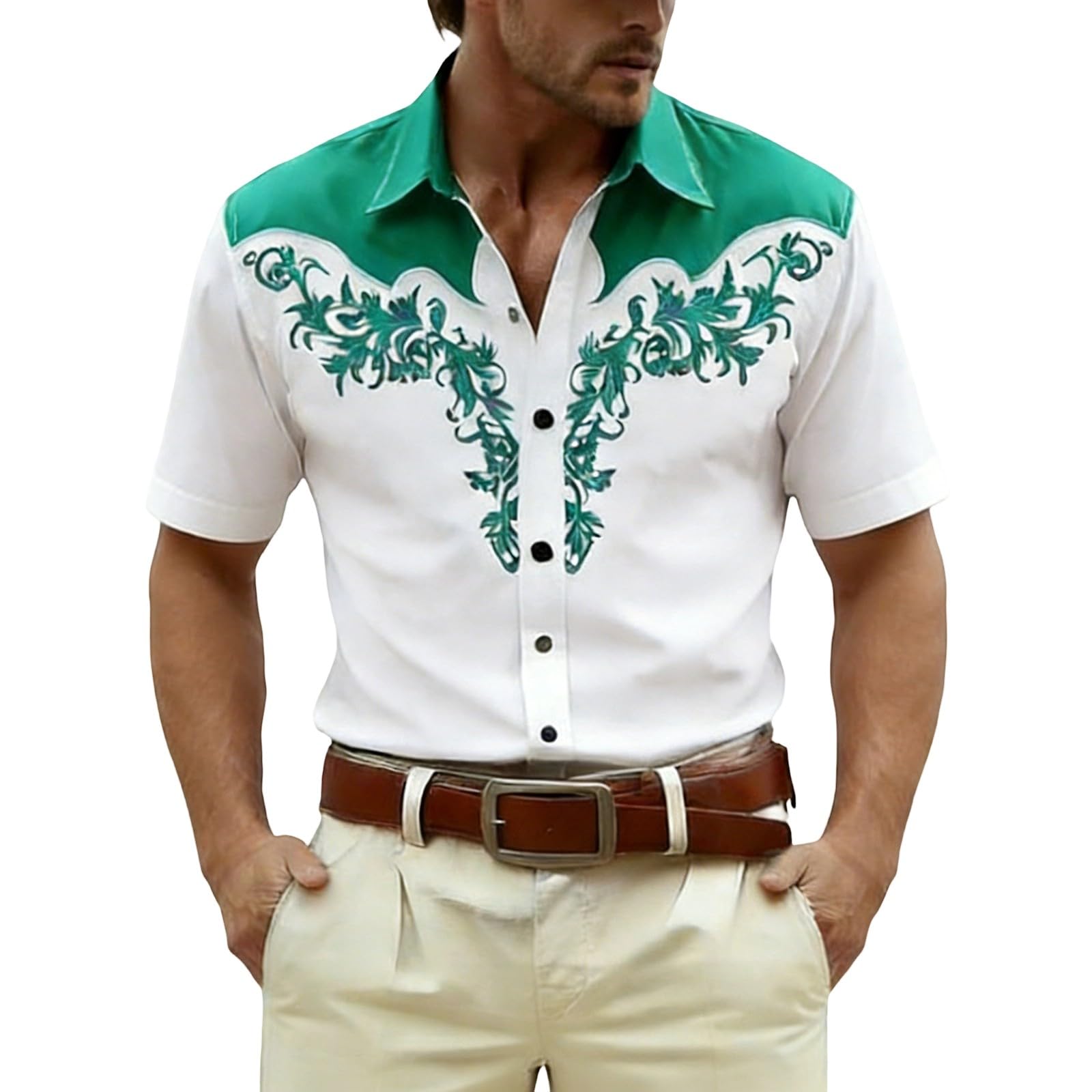 RUMAOZIA Men's Shirt Western Cowboy Style 3D Print White Vintage Medieval Shirts Short Sleeve Cowboy Costume Shirt Embroidery Look Men Carnival Party Top Regular Fit Fancy Dress Costume, O Green, 4XL
