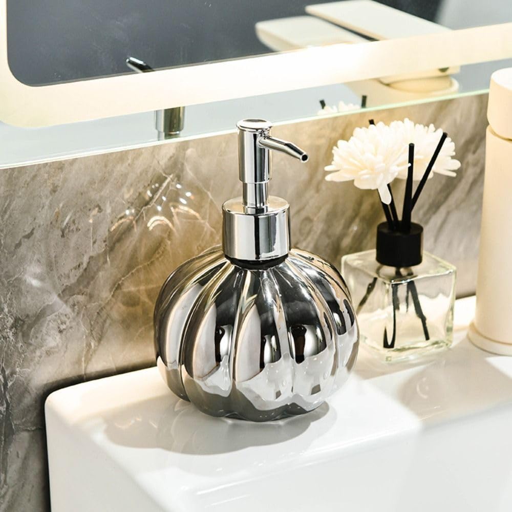 Dispenser di Schiuma in Ceramica a Forma di Zucca, Accessori, Elegante flacone con Pompa da 350 ml per Lavanderia (Argento)