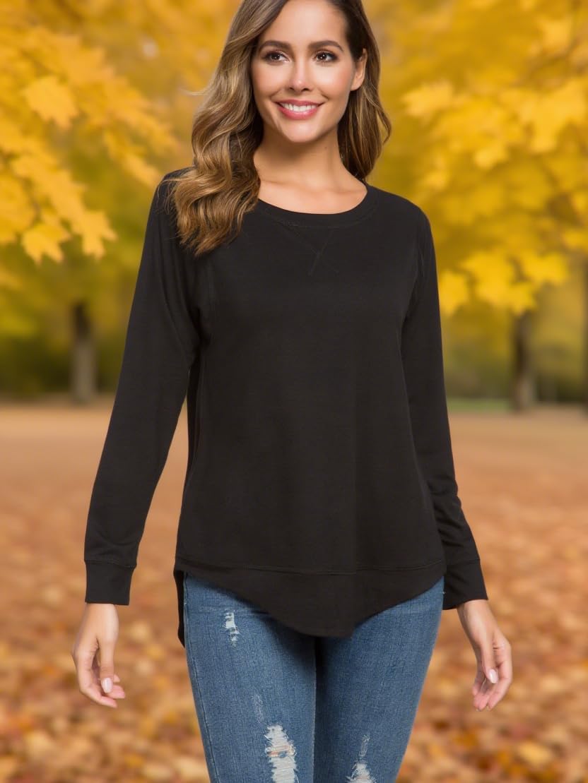 WEIYAN Womens Long Sleeve Casual T-Shirts Tunic Blouse Loose Curved Hem Tops - Image 2