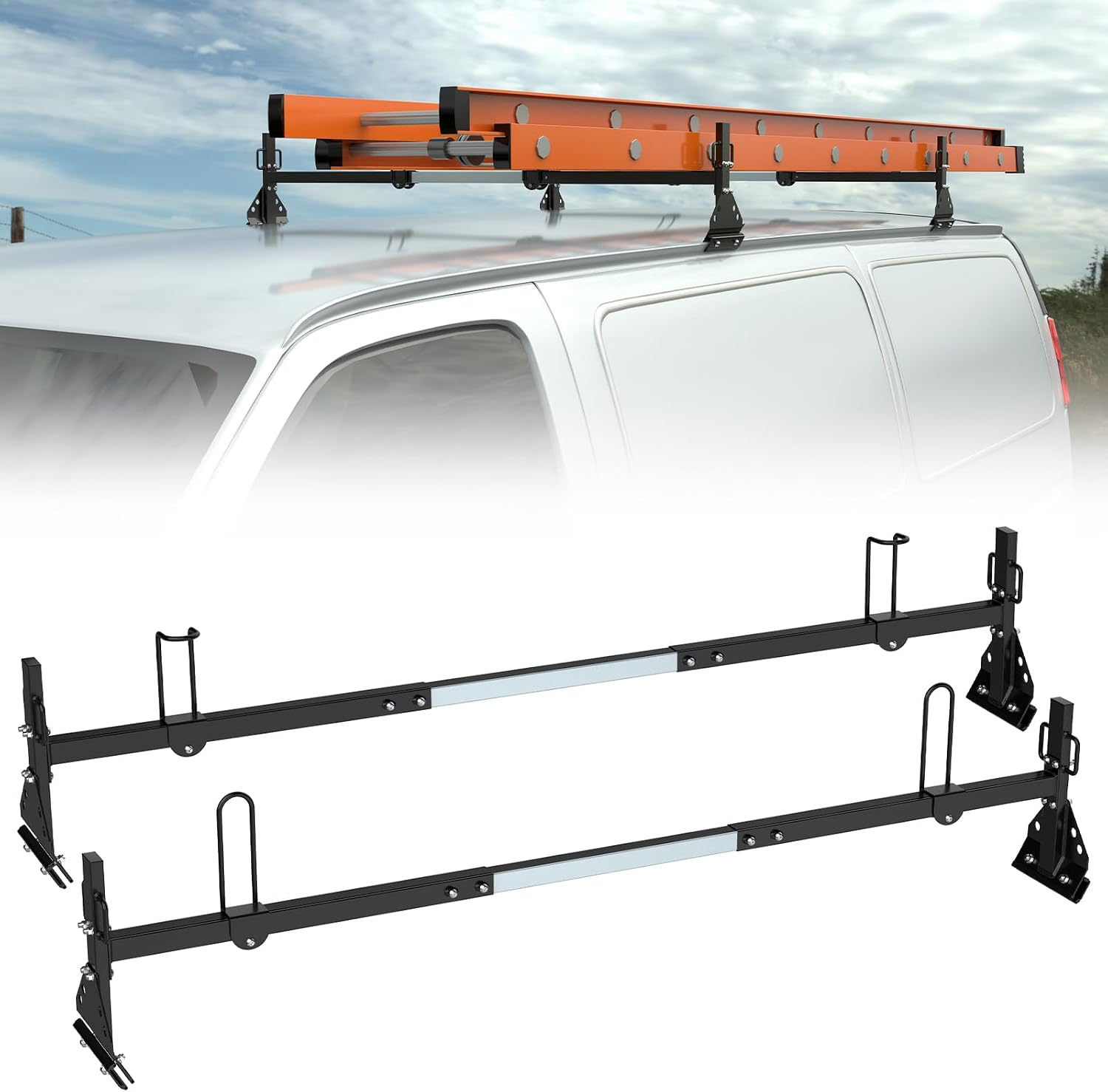 Universal Van Ladder Roof Rack-2 Bars,Adjustable Length 46.8''-63.4'',Compatible with 1996-up Chevy Express 1500 2500 3500,Ford Econoline GMC Savana Fullsize .800LBS Load-Capacity