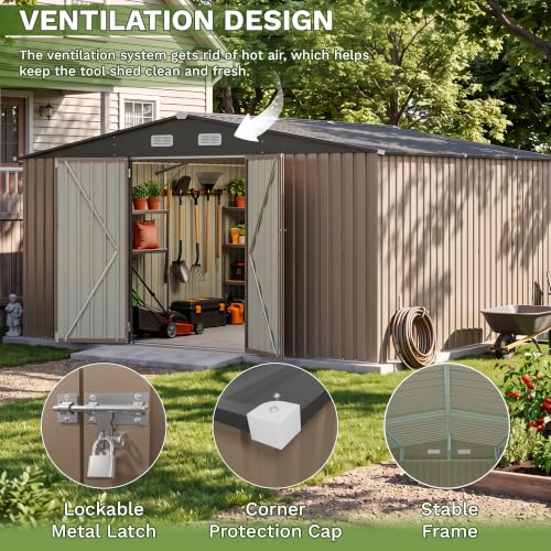 Image of Patiowell 14x12 FT Outdoor Storage Shed, Large Metal Sheds, Brown