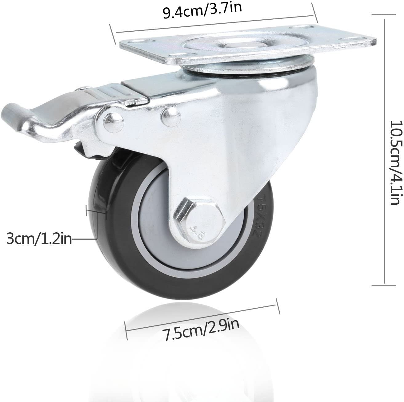Set de 4 Roulettes Pivotantes 75 mm avec Frein - Roulettes pour Meubles jusqu'à 136 kg par roue - -Roues industrielles pour intérieur et extérieur