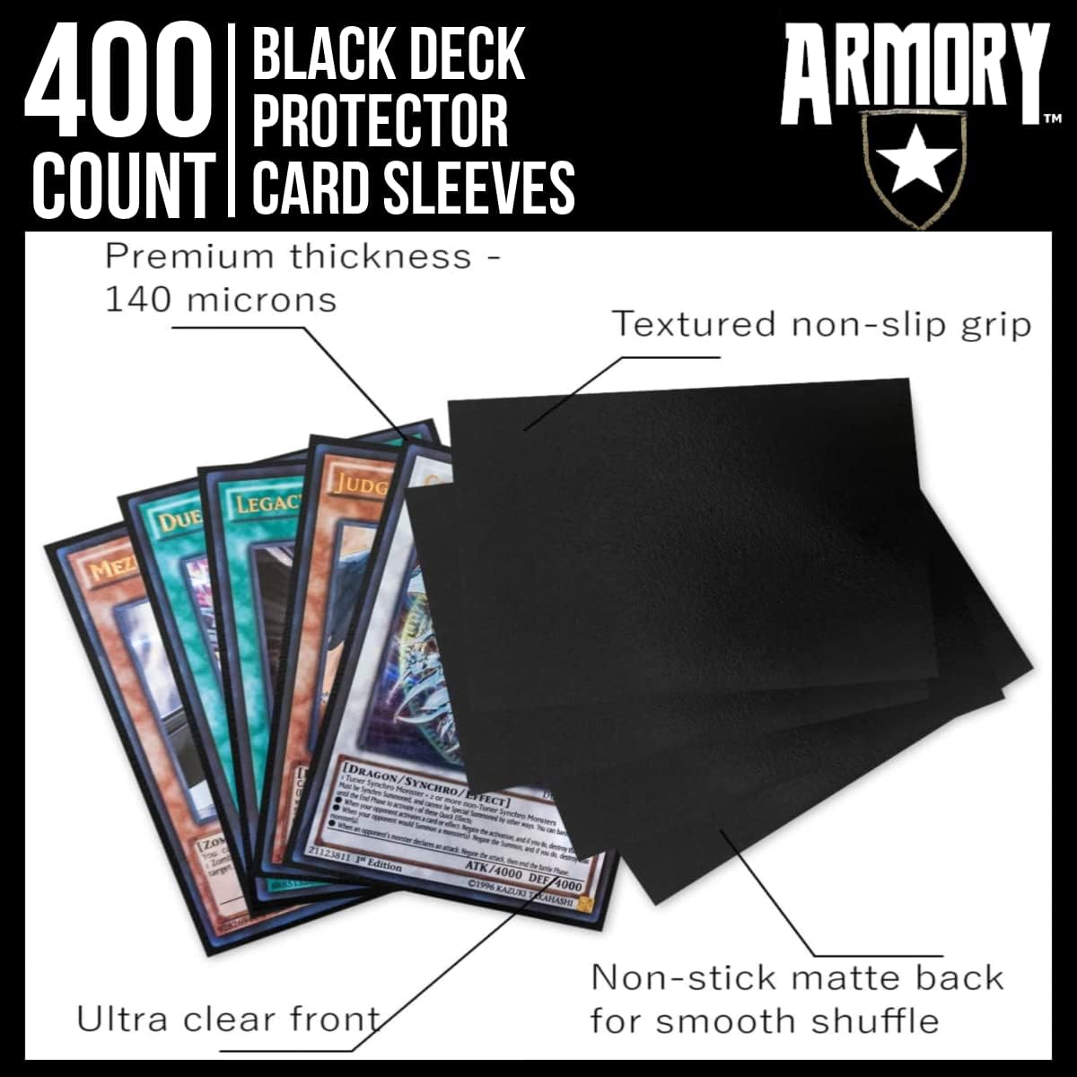 ARMORY 400 Pack Matte Black Deck Card Gaming Sleeves | Protective Trading Card Sleeves for Yugioh, Yu-Gi-Oh!, Pokemon, Legends, Marvel Champions, Final Fantasy, TCG, CCG, LCG, MTG, and JRPG