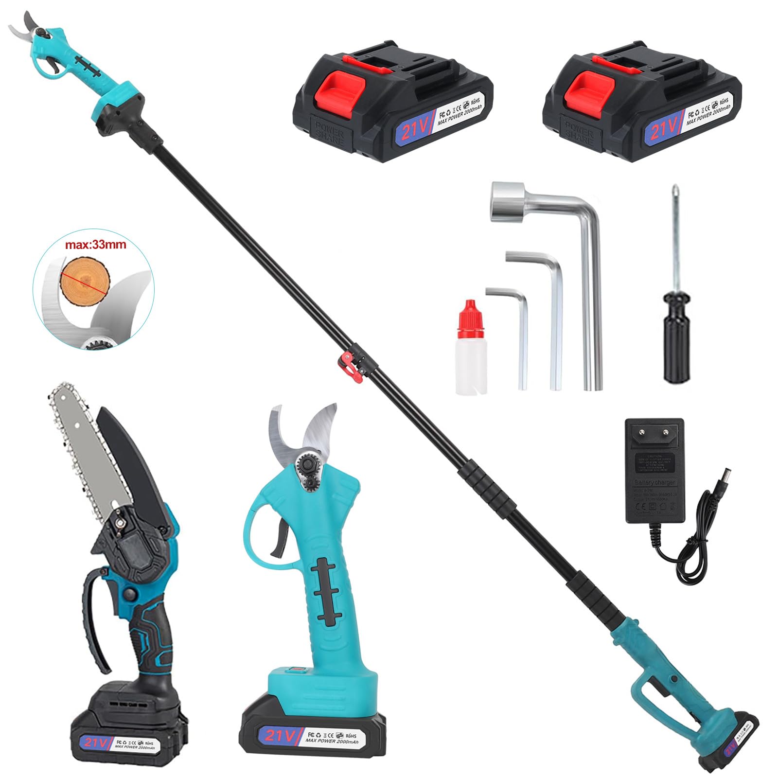 Sécateur Électrique avec Perche, Sécateur Électrique sans Fil, Batterie Li-ION 2X2.0ah, Secateur Telescopique Electrique Ciseaux de Jardin,Lames Sk7, Réglage de l'angle