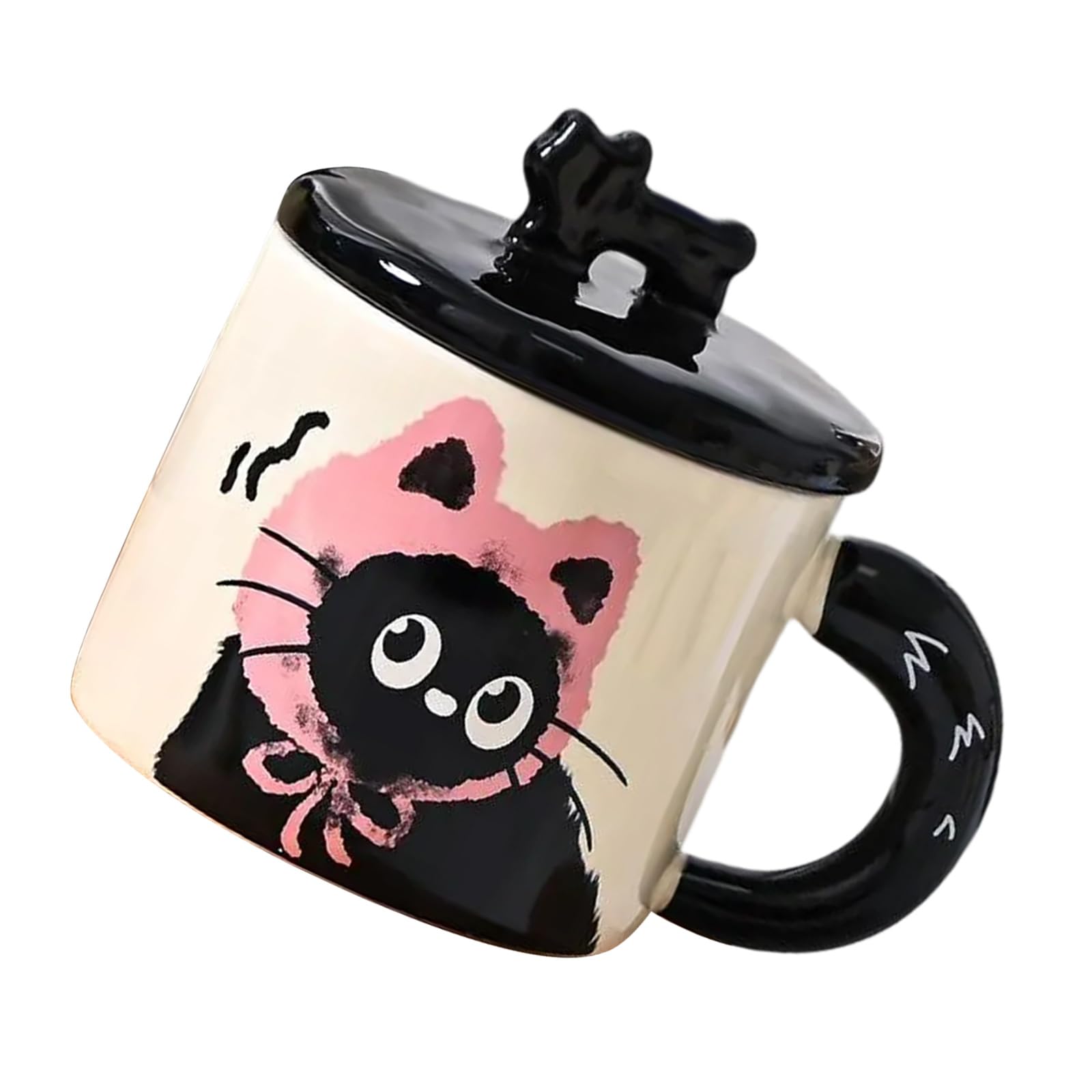 Buxuaaaa Portable 370ML Ceramic Cats Mug Personality Coffee Drinking Cup with Lid Beverage Drinkware Cats Themed Gift