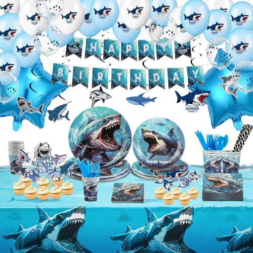 Shark Birthday Party Decorations For Kids, Shark Birthday Party Supplies-204pcs 20 Guest- Shark Plates Cups Napkins Balloons Table Cover Cutlery