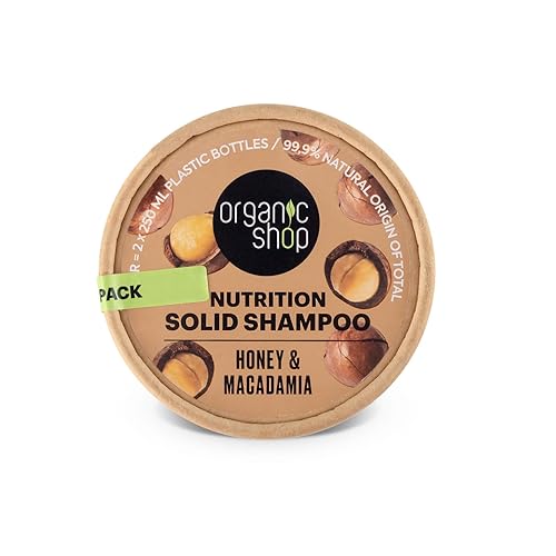 Organic Shop Honey & Macadamia - Barra de champú sólido para nutrición profunda, 100% vegano y orgánico, sin parabenos y 0% conservantes, ecológico