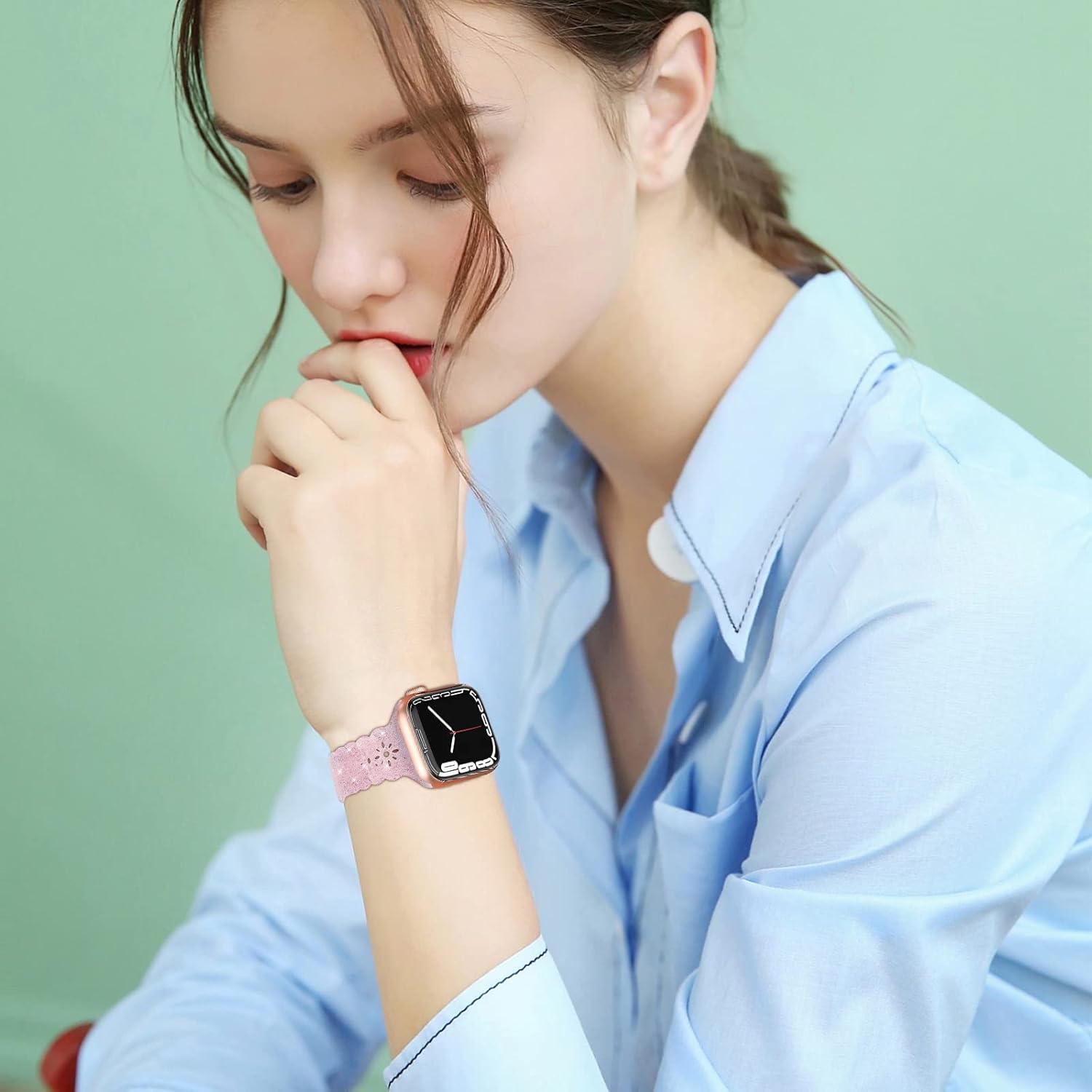 Bandiction Lace Silicone Band Compatible with Apple Watch Band 38mm 40mm 41mm, Women Glitter Slim Thin Hollow Out Strap Sparkle Scalloped Replacement Bands for iWatch Bands Series 7 6 SE 5 4 3 2 1 Photo