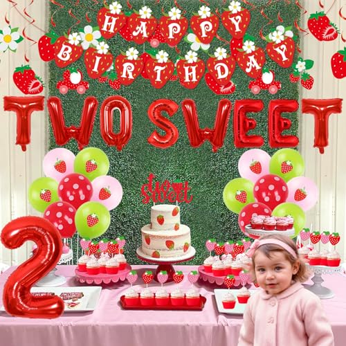 Kit anniversaire fraise 2 ans : déco gâteau et ballons à suspendre