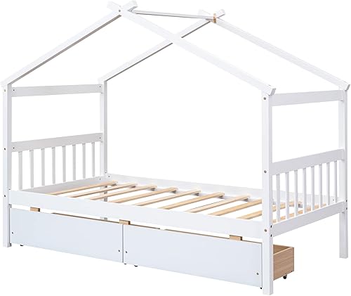 Miniatura 105 de Cama individual de casa con nido para niños, cama individual de madera con techo, marco de cama de plataforma de tamaño individual, cama con dosel