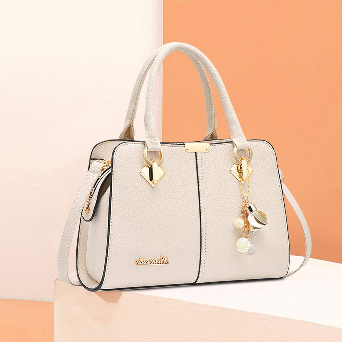 NICOLE&DORIS - Borsa a tracolla da donna, con manico superiore, in pelle PU, con nappe in metallo e cristalli