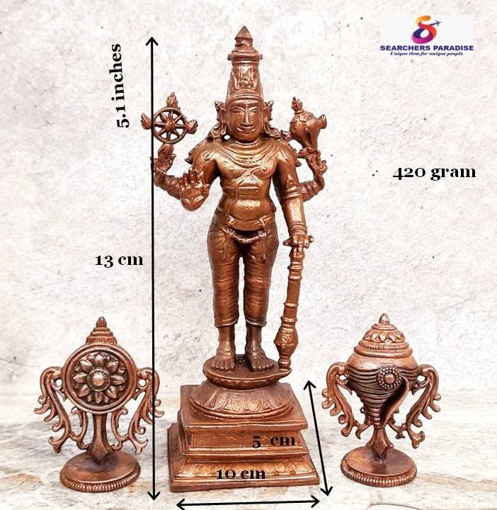 Image of Copper Idols of god Srinivasa Perumal with Sanghu Chakram, 5.1 inches, 420 Grams, Patina Antique Finish, Pack of 3 Piece