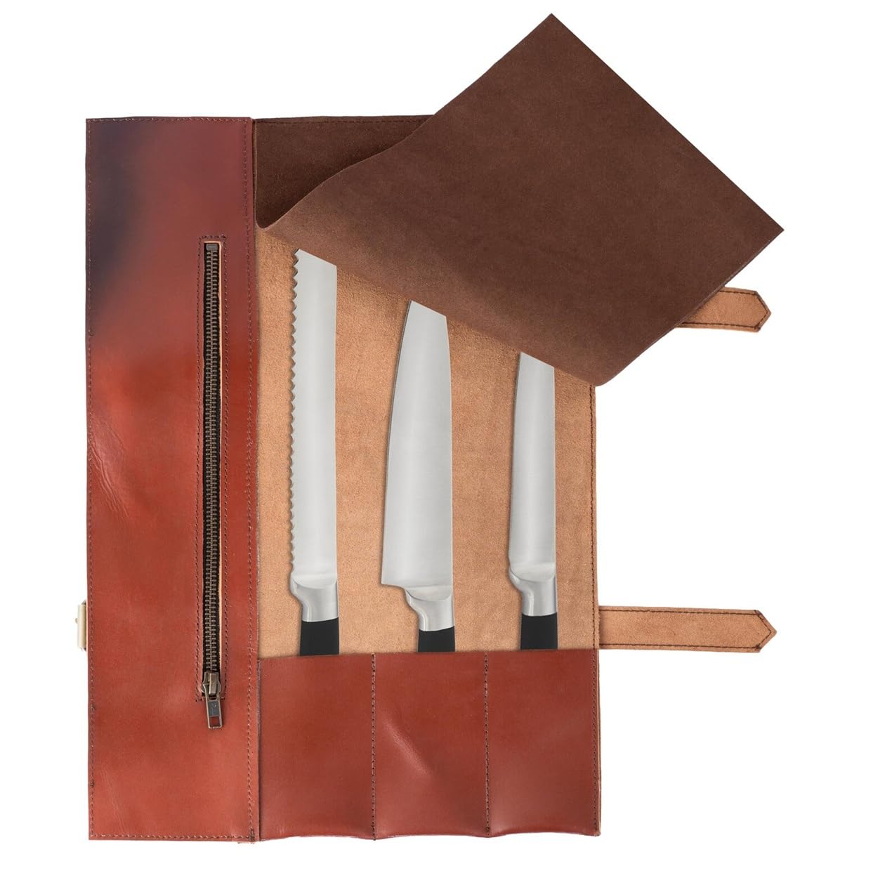 Leathershire Full Grain Leather Chef Knife Roll Bag Professional Knife Tool Holder Case, Kitchen Knife Organizer Chef Roll for Culinary Students & Chefs Birthday Gift (Tan Brown, 3 Pockets)