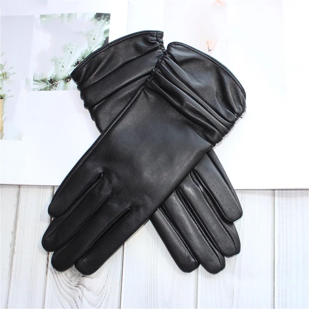 Guantes de piel de oveja para mujer, con pantalla táctil, longitud media, elástica, de forro polar y guantes de invierno