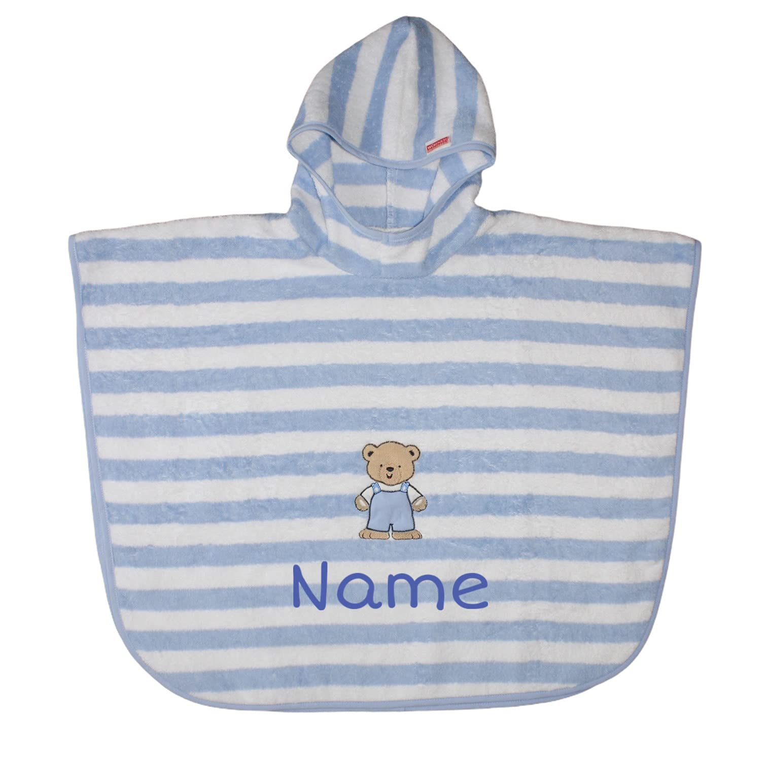 SET Kinder Poncho + Waschlappen personalisiert | 100% Baumwolle | personalisiert mit Namen | Baby Kapuze Bademantel | Badeponcho | Kinder Badetuch | bis 7 Jahre | gestreifter Teddy