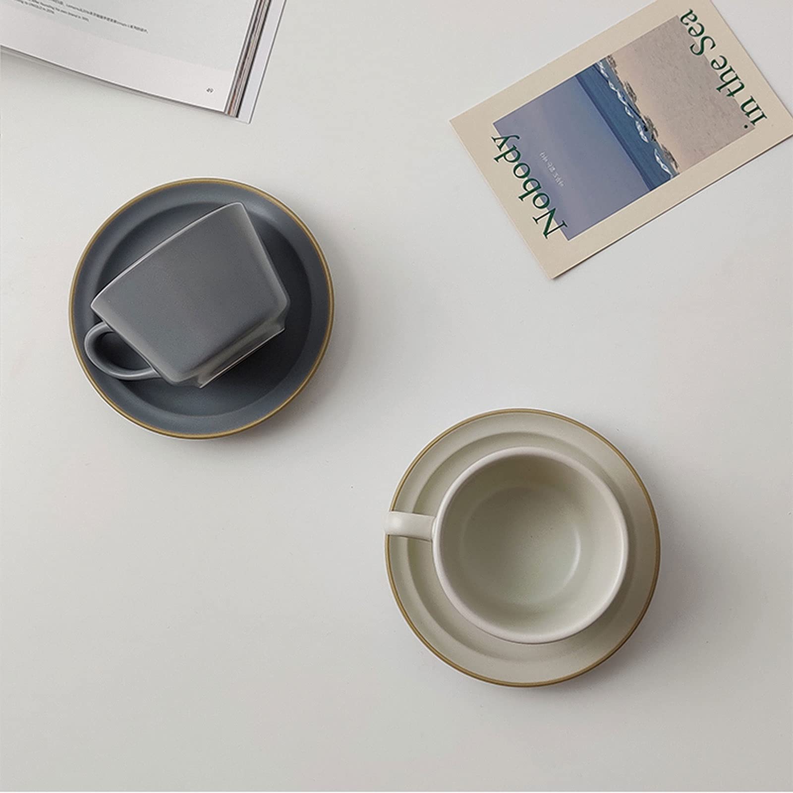 Tazas Desayuno Copa de café de cerámica Mate y platillo Conjunto Taza de té de Porcelana clásica 250 ml/ 8. 5oz(Azul Beige/Gris) Tazas (Color : Grey Blue)