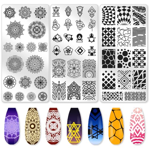 beinkmake 3Pcs Mandala Nail Stamping Plate Leaves Flowers Nail Stamp Templates French Tip Nail Art Stamp Plates Minimalist Floral Image Plate Reusable Tools with Stamper Scraper for Manicure Printing