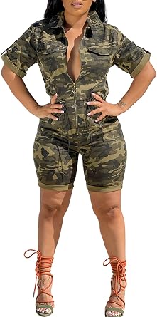 SHINFY Womens Sexy Camo Jumpsuits Bodycon Short Sleeve Summer Romper | Camouflage Cargo Jumpsuit Y2K Zip Up Bodycon One Piece Outfits, Army Fatigue Romers for Going Out Party Club Outfits