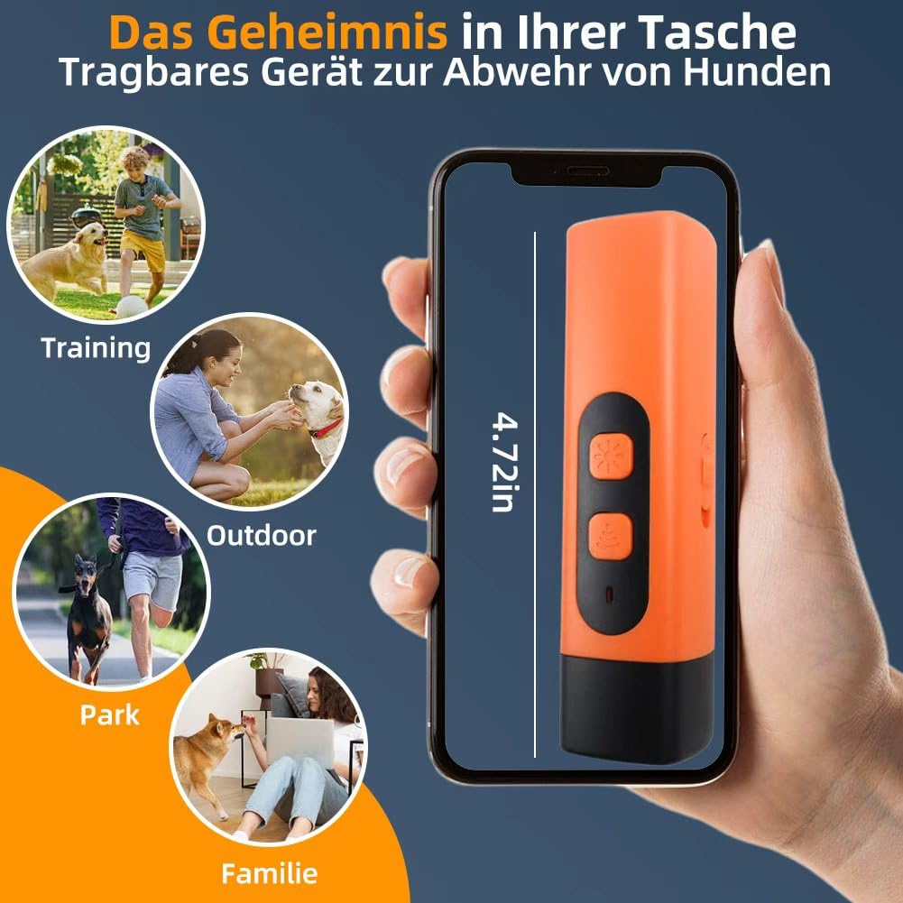 Ruhemeister Hund, 2026 Neu Ultraschall Hundevertreiber mit LED-Taschenlampe, Hand Held Anti Dog Bark Device Das mit Einem Einzigen Tastendruck die Aufmerksamkeit Ihres Hundes Erregt für Drinnen und Dr