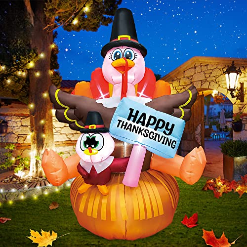6FT Thanksgiving Inflatable Turkey Sat on Pumpkin Thanksgiving Inflatables Outdoor Decorations with LED Lights,Blow Up Turkey Yard Decorations for Fall,Holiday,Outdoor,Party,Garden,Lawn Décor