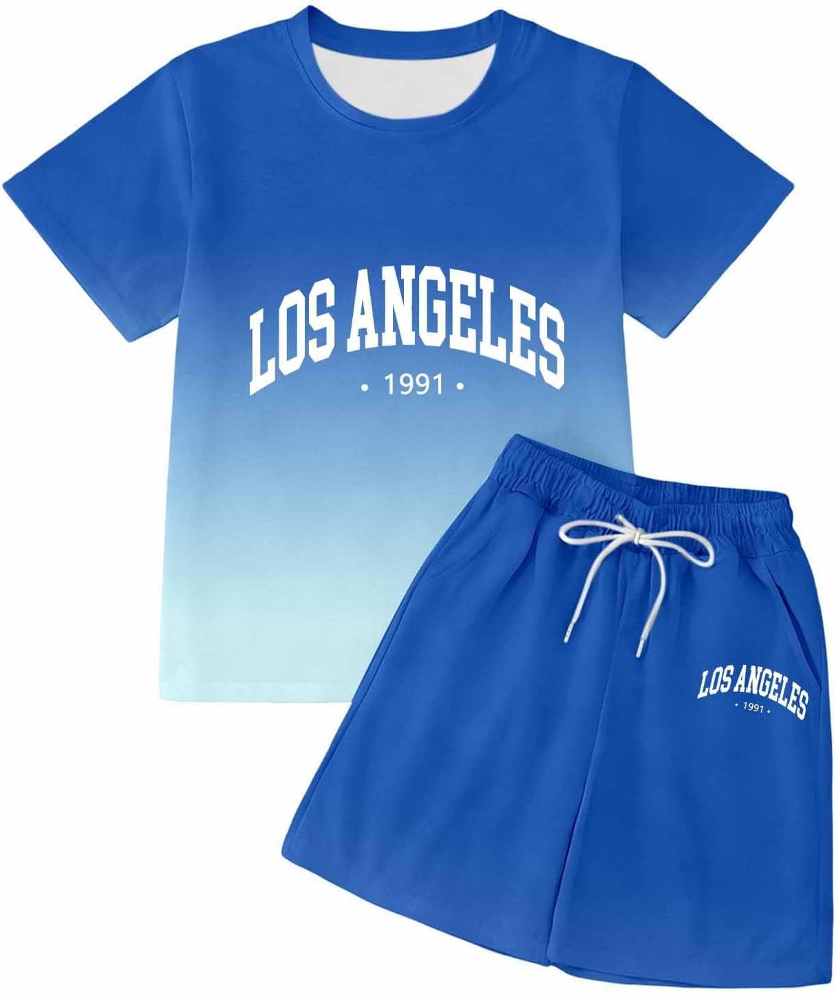 LOS ANGELES Girls Summer Outfits 2 Piece Sets Gradient Short Sleeve Shirts | and Shorts Set Kids Clothes with Pockets