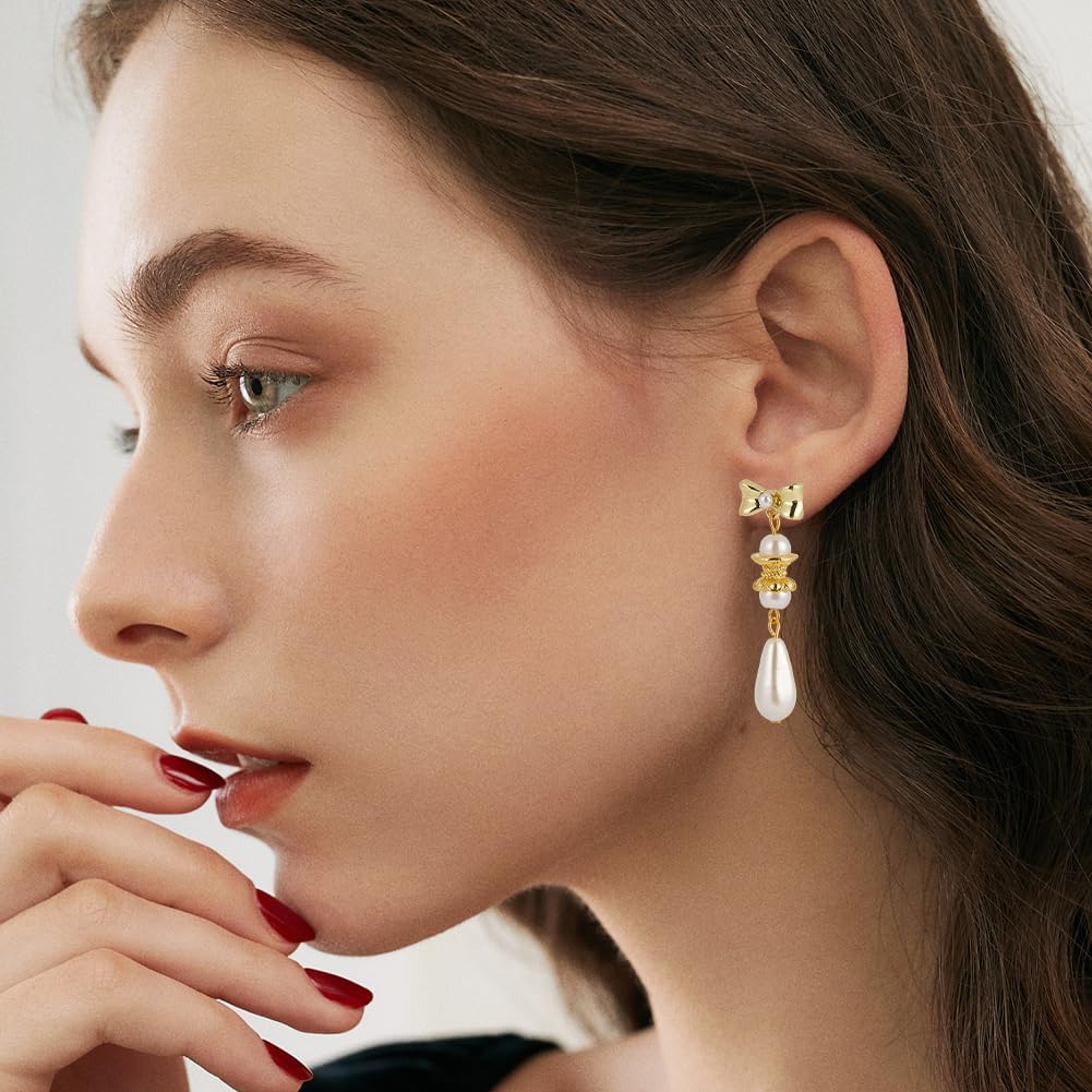 32Pcs 8 Styles Bow Earring Stud Findings Bow Earring Posts Colorful Alloy Cute Imitation Pearl Rhinestone Dangle Ear Accessories with Loop for Jewellery Making DIY Crafts Supplies Women - Image 5