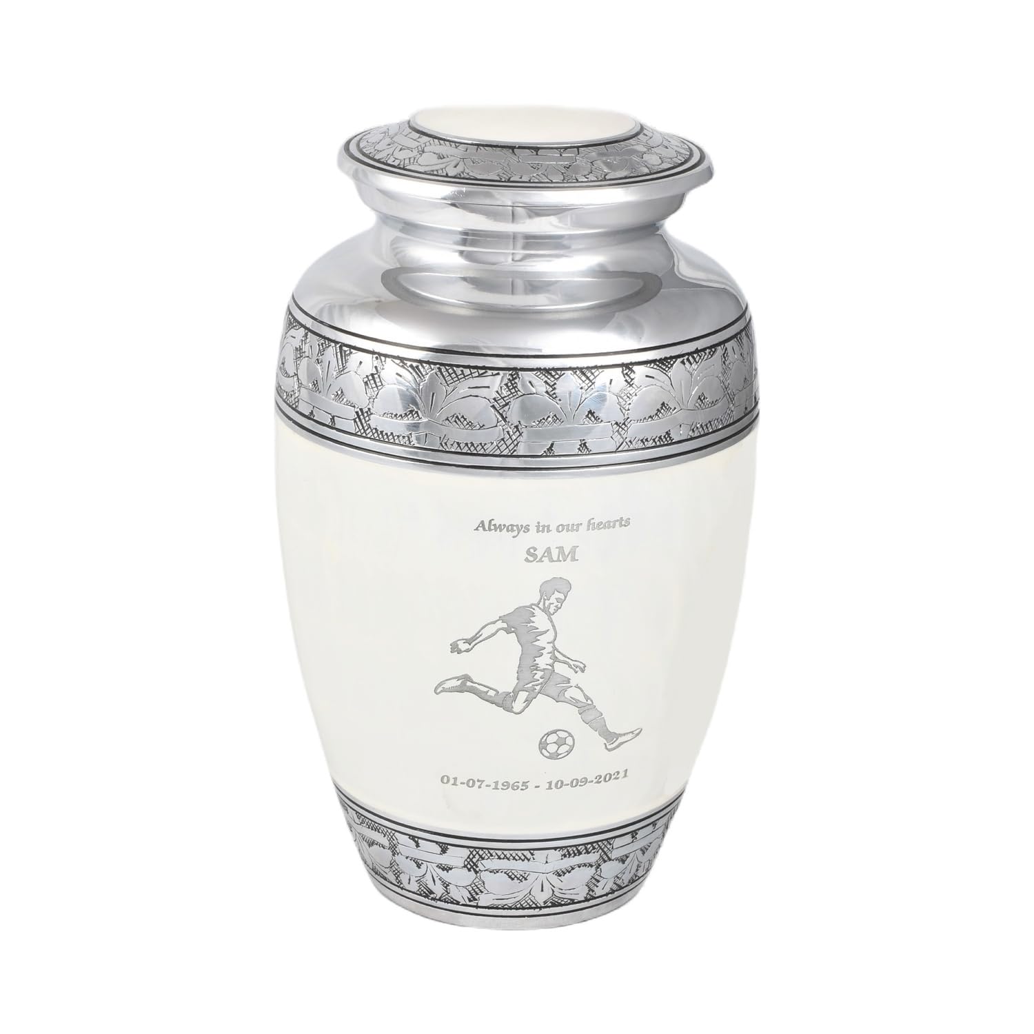 Cremation Urn for Human Ashes – Adult Large Decorative Aluminum Funeral Memorial Keepsake – Securely Holds approx. 90kg or 14 Stone Body (White-Football, Adult Size)