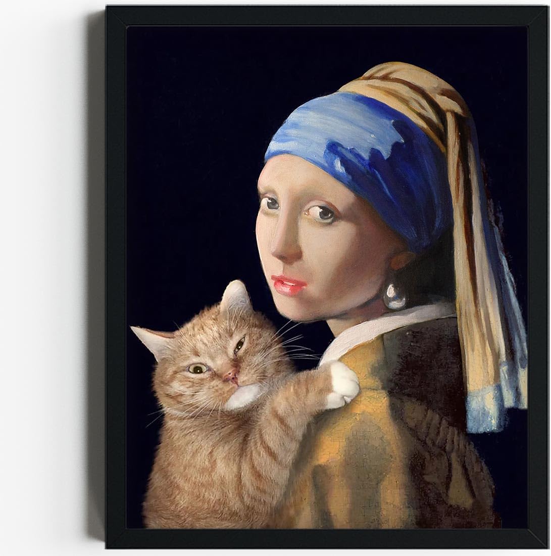 Merrleem Framed Canvas Wall Art Girl with a Pearl Earring Holding Cat Print Poster Famous Painting for Bedroom Living Room Bathroom Decor