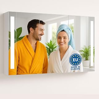 Spiegelschrank Bad 120 cm mit LED-Beleuchtung, Steckdose, Weiß