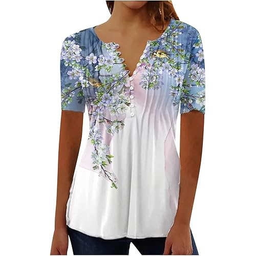 Womens Summer Tops 2024 Dressy Short Sleeve Button V Neck T Shirts Business Casual Beach Outfits Clothes Loose Soft Cute Tees