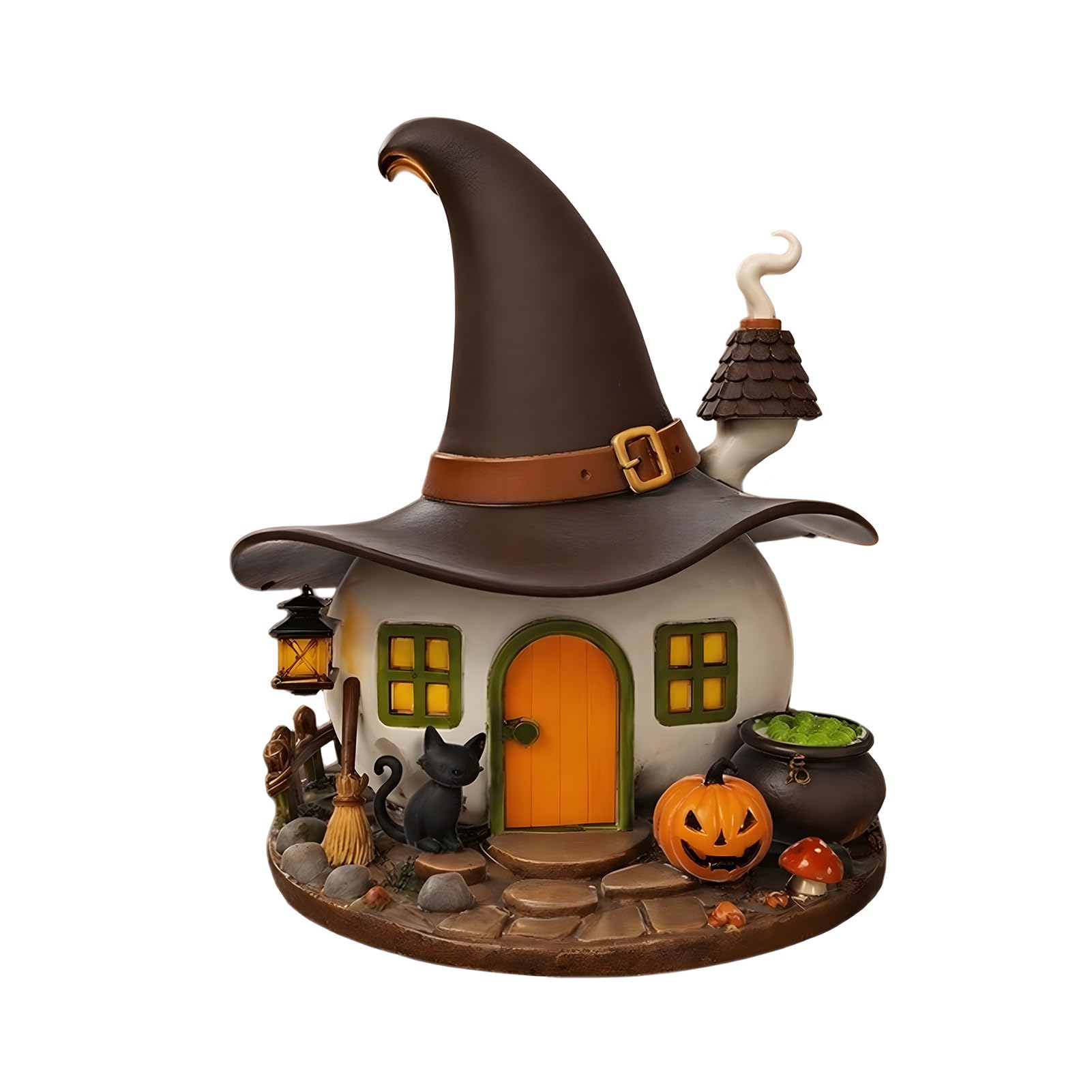 Pasisuu Halloween Witch Hut Ornament – Vintage Distressed Resin Figurine with Black Cat & Pumpkin Lantern, Indoor Outdoor Decor A